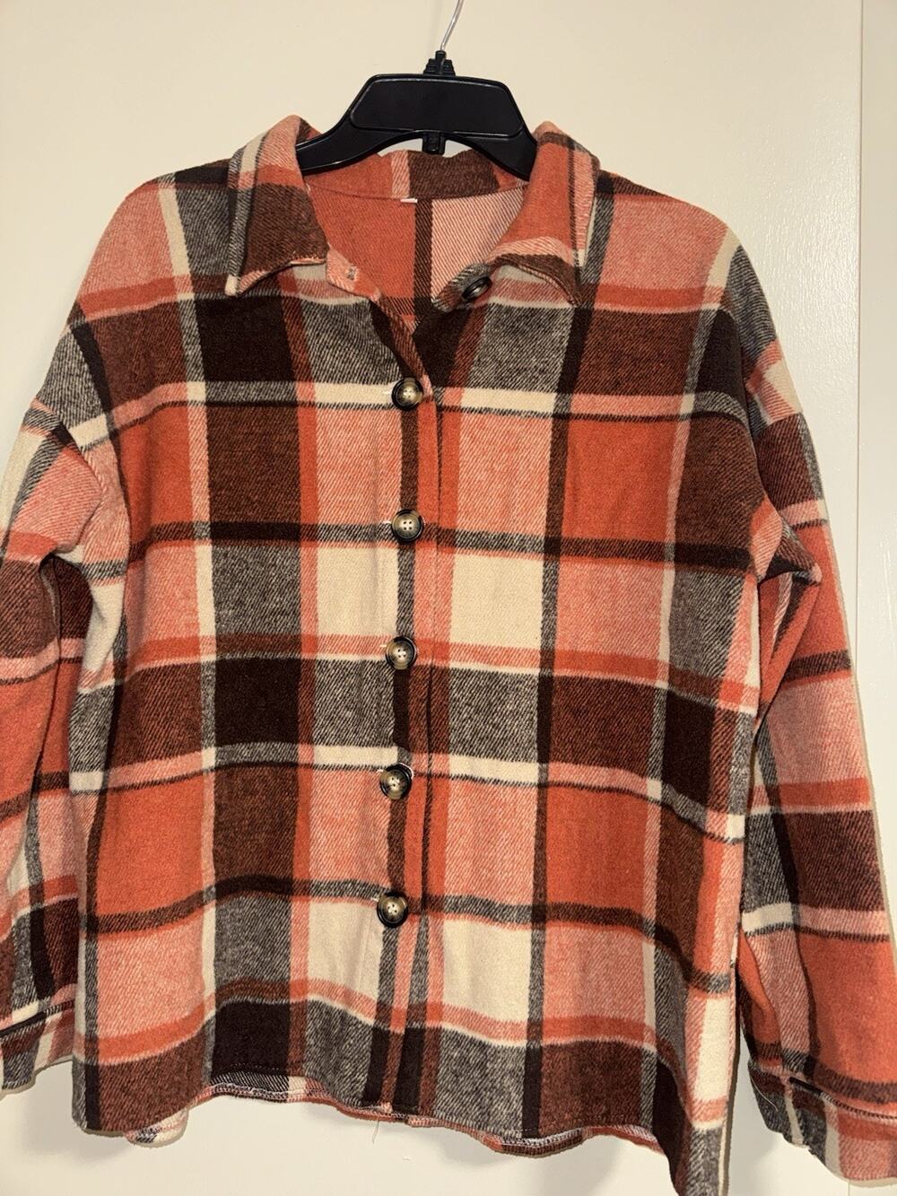 Womens Plaid Shacket Jacket Size Medium Orange Brown Button Front Overshirt